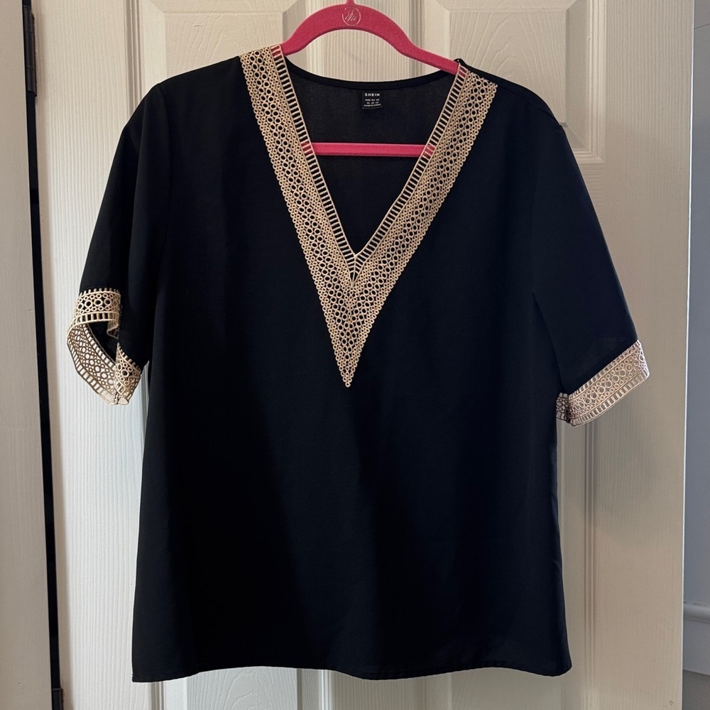 SHEIN Black Top with Beige Crochet V-Neck